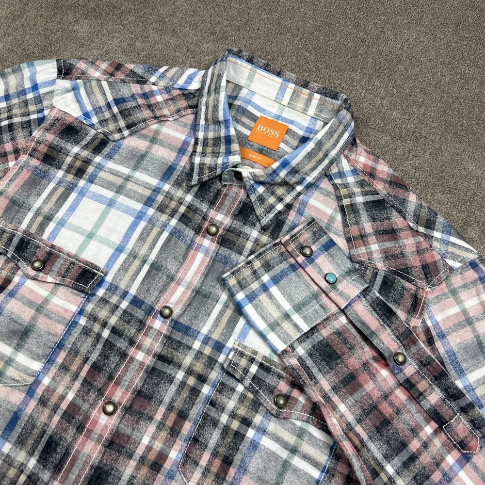 Hugo Boss Shirt Mens Small Slim Fit Plaid Western Pearl Snap Long Sleeve